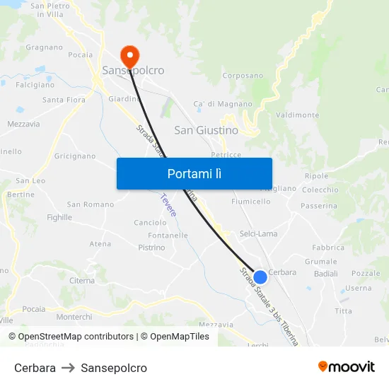 Cerbara to Sansepolcro map