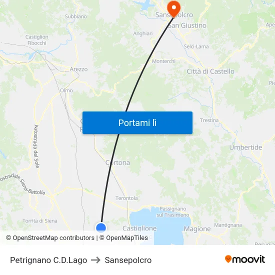 Petrignano C.D.Lago to Sansepolcro map