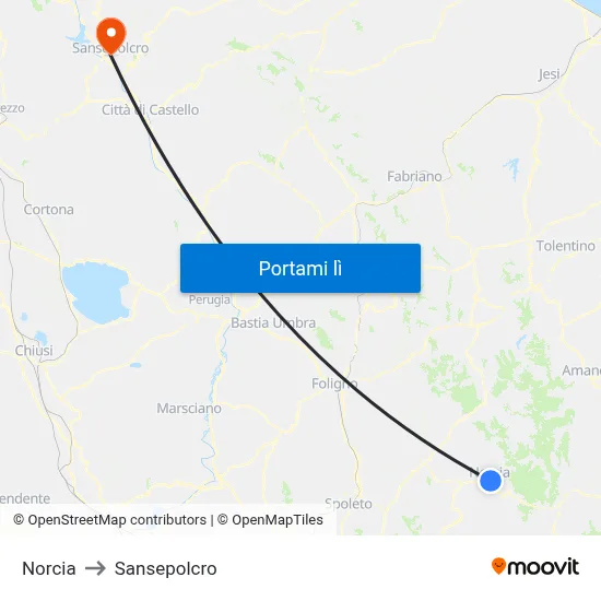 Norcia to Sansepolcro map