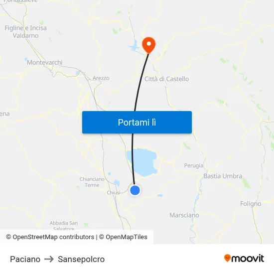 Paciano to Sansepolcro map