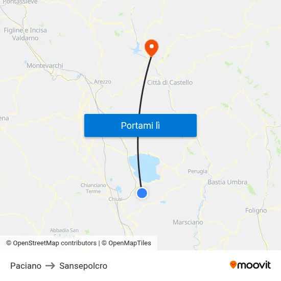 Paciano to Sansepolcro map