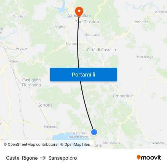 Castel Rigone to Sansepolcro map