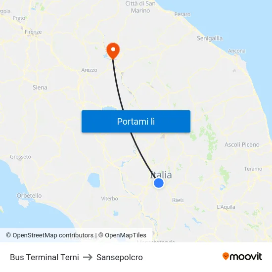 Bus Terminal Terni to Sansepolcro map