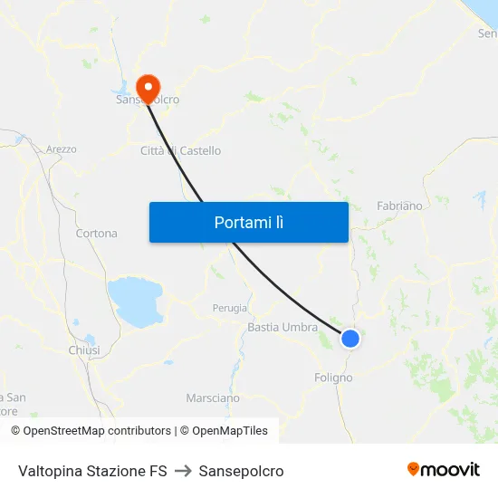 Valtopina Stazione FS to Sansepolcro map