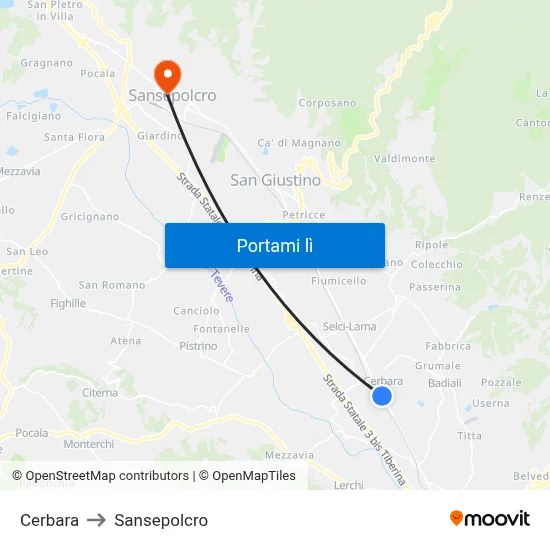 Cerbara to Sansepolcro map