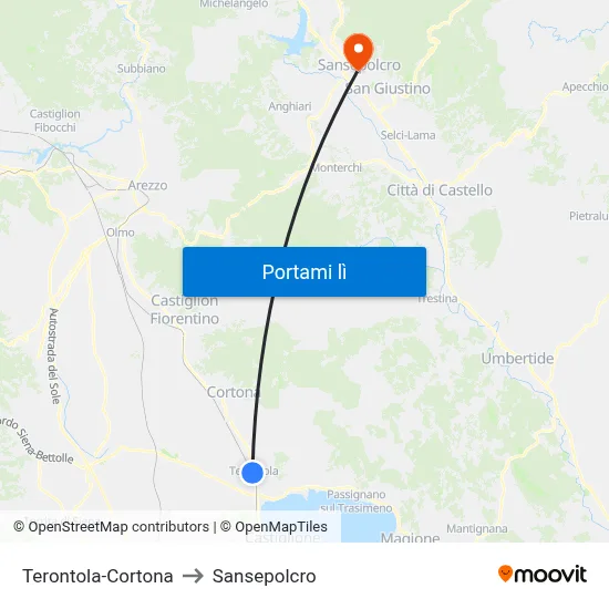 Terontola-Cortona to Sansepolcro map