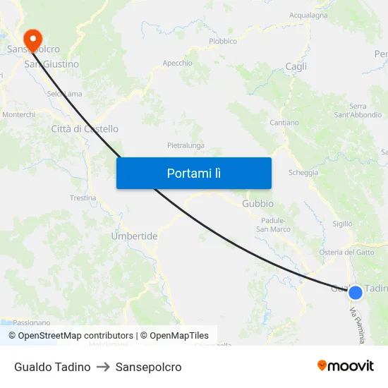 Gualdo Tadino to Sansepolcro map