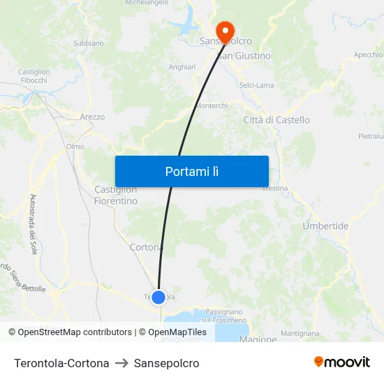 Terontola-Cortona to Sansepolcro map