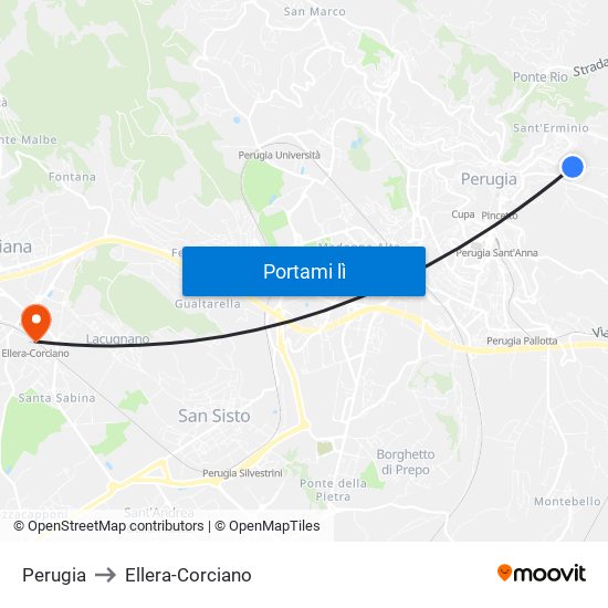 Perugia to Ellera-Corciano map