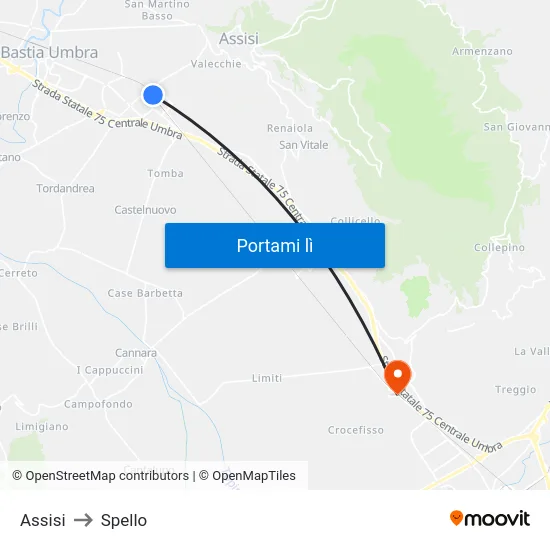 Assisi to Spello map