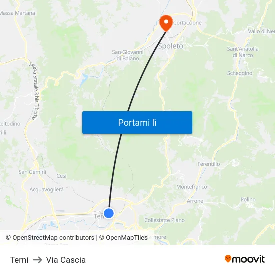 Terni to Via Cascia map