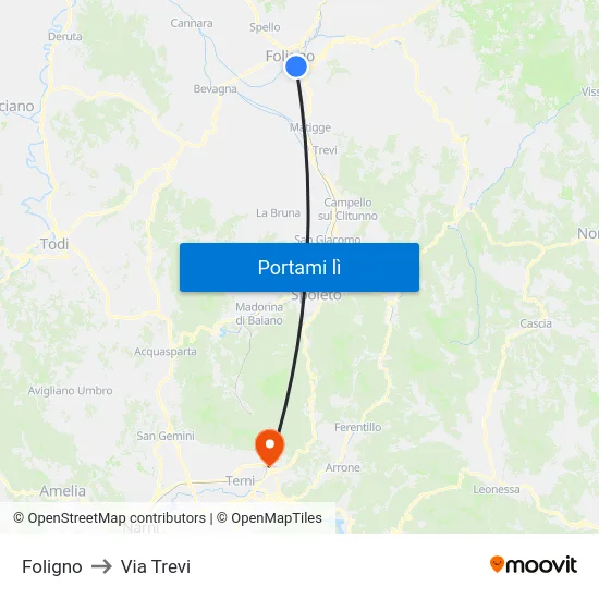 Foligno to Via Trevi map