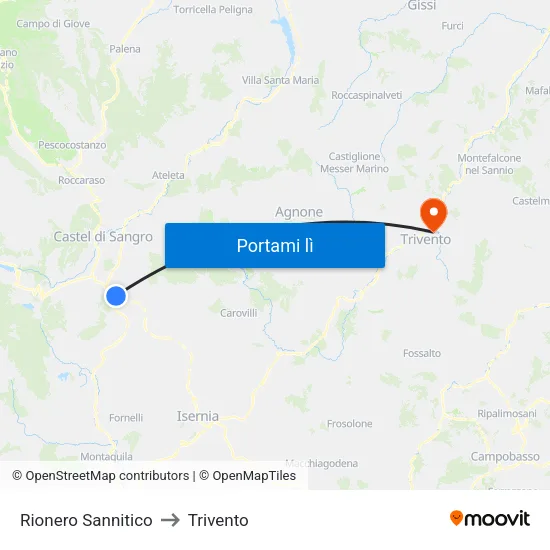 Rionero Sannitico to Trivento map