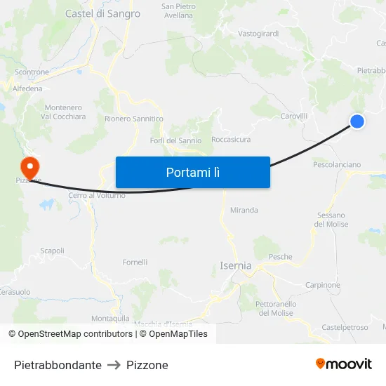 Pietrabbondante to Pizzone map