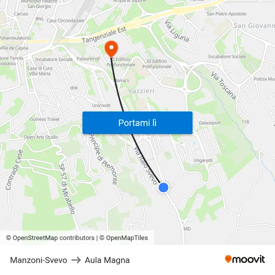 Manzoni-Svevo to Aula Magna map