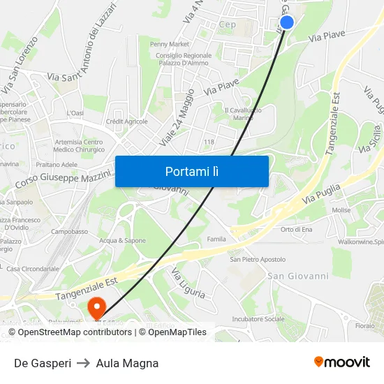 De Gasperi to Aula Magna map