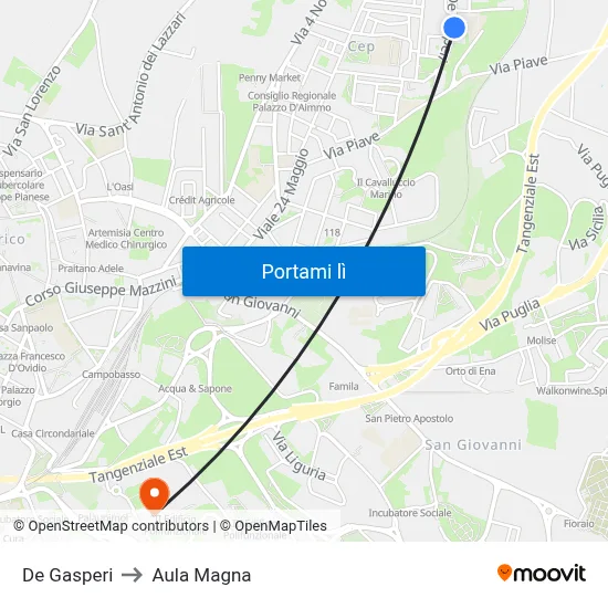 De Gasperi to Aula Magna map