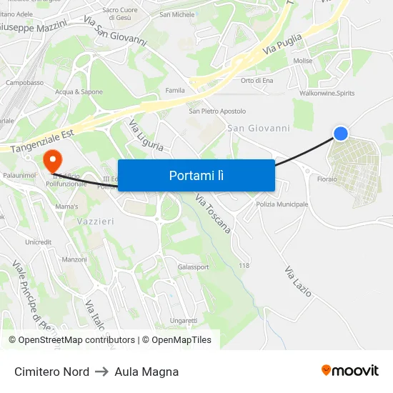 Cimitero Nord to Aula Magna map