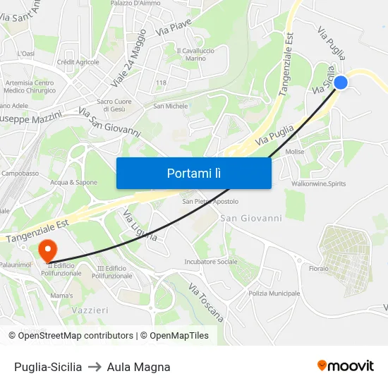 Puglia-Sicilia to Aula Magna map