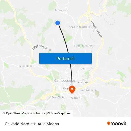 Calvario Nord to Aula Magna map