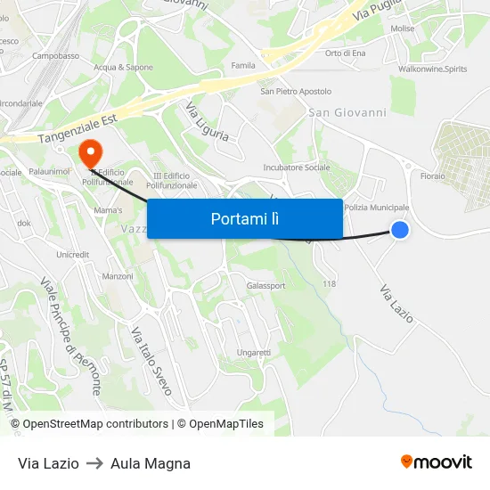 Via Lazio to Aula Magna map