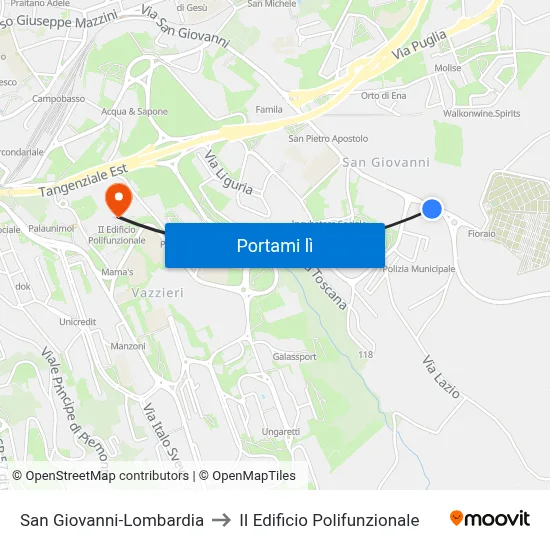 San Giovanni-Lombardia to II Edificio Polifunzionale map