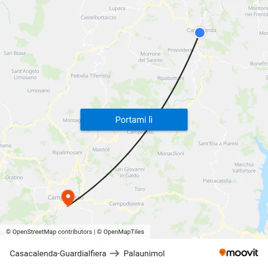 Casacalenda-Guardialfiera to Palaunimol map