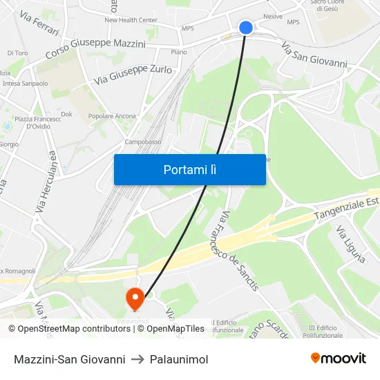 Mazzini-San Giovanni to Palaunimol map
