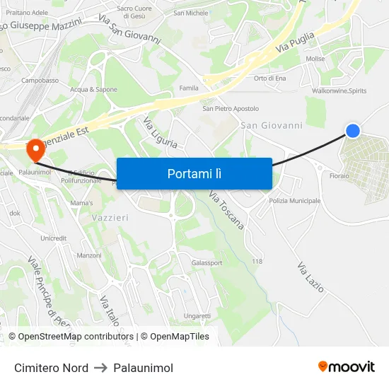Cimitero Nord to Palaunimol map