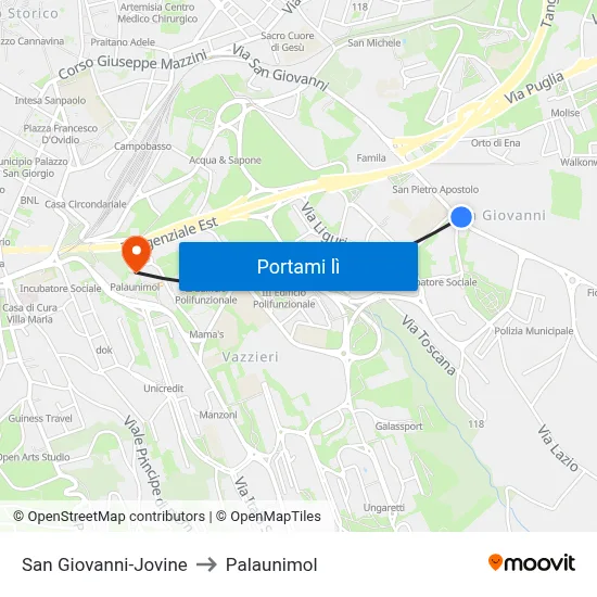 San Giovanni-Jovine to Palaunimol map