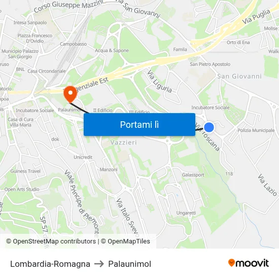 Lombardia-Romagna to Palaunimol map