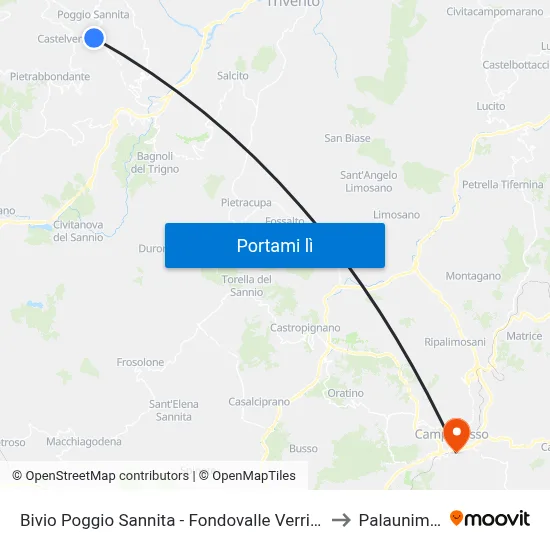 Bivio Poggio Sannita - Fondovalle Verrino to Palaunimol map