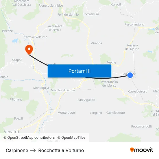 Carpinone to Rocchetta a Volturno map