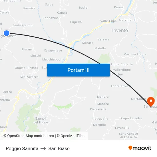 Poggio Sannita to San Biase map