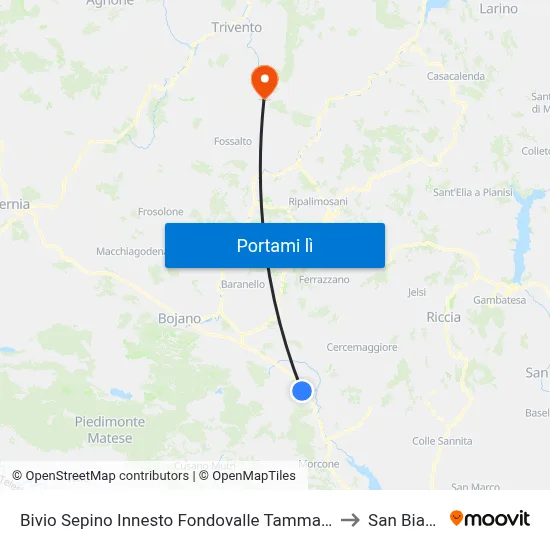 Bivio Sepino Innesto Fondovalle Tammaro to San Biase map