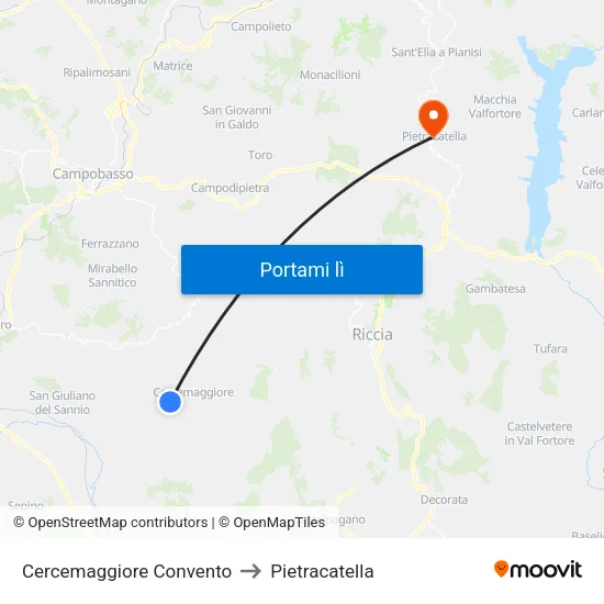 Cercemaggiore Convento to Pietracatella map