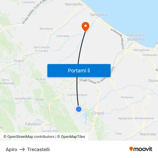 Apiro to Trecastelli map