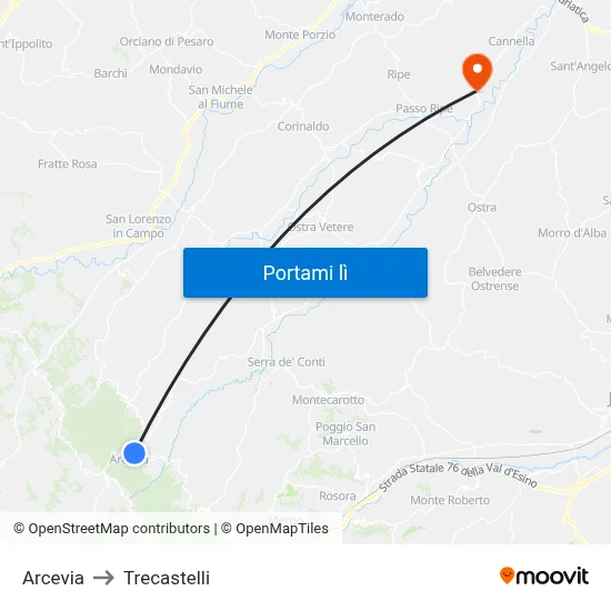 Arcevia to Trecastelli map
