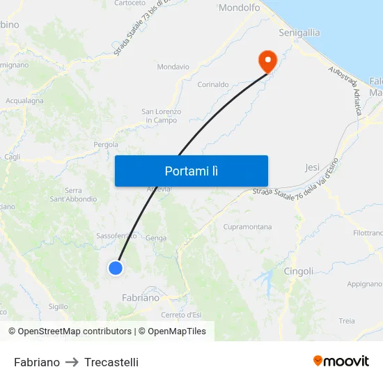 Fabriano to Trecastelli map