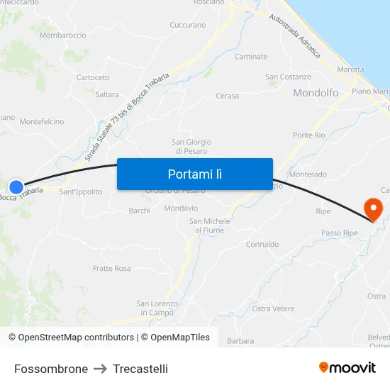 Fossombrone to Trecastelli map