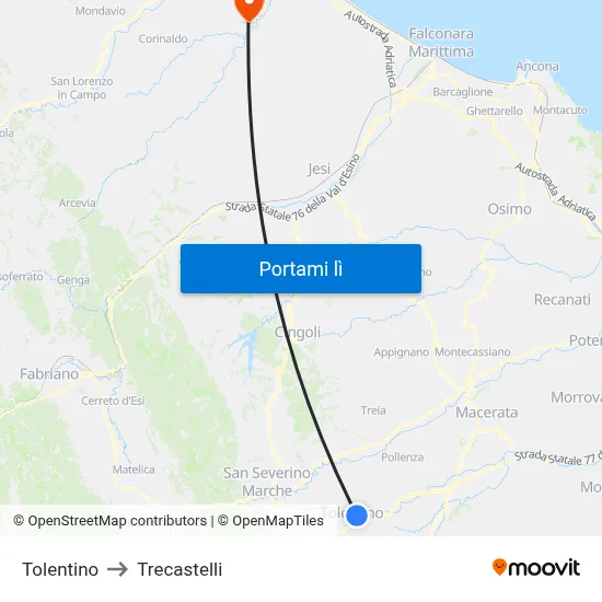 Tolentino to Trecastelli map