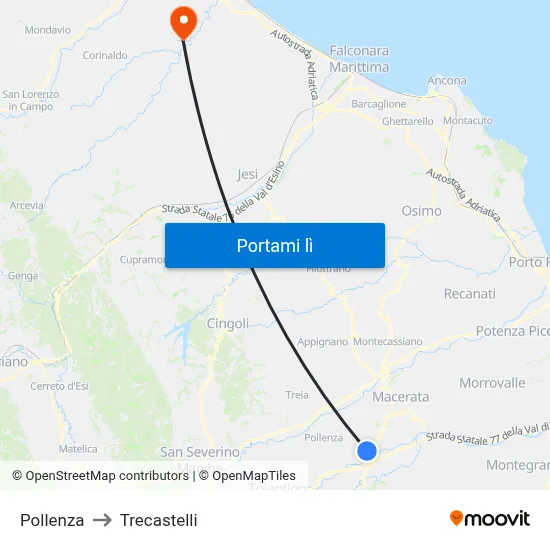 Pollenza to Trecastelli map