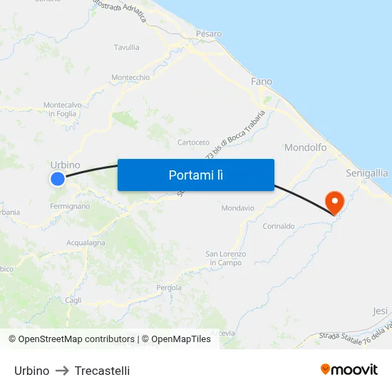 Urbino to Trecastelli map