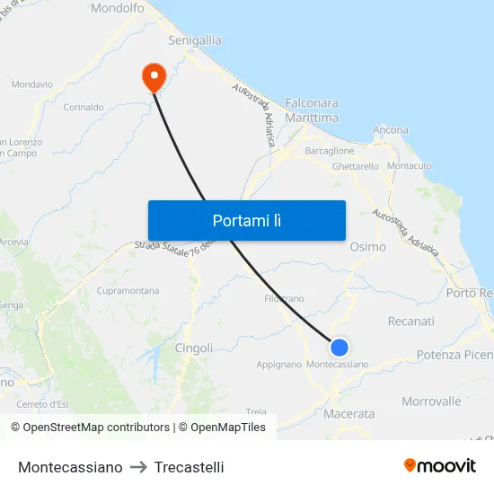 Montecassiano to Trecastelli map