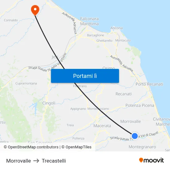 Morrovalle to Trecastelli map