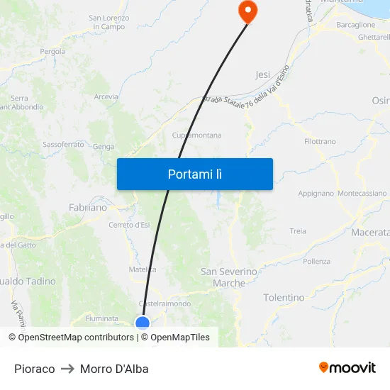 Pioraco to Morro D'Alba map