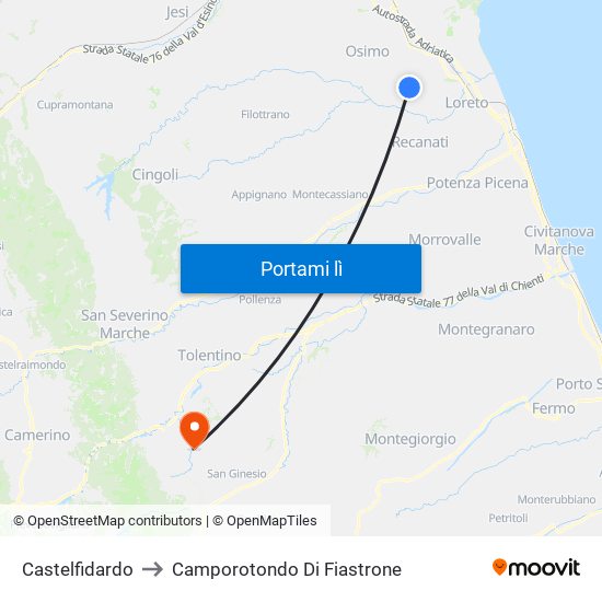 Castelfidardo to Camporotondo Di Fiastrone map