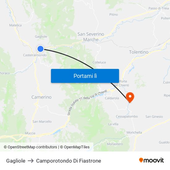 Gagliole to Camporotondo Di Fiastrone map