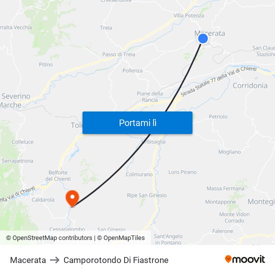 Macerata to Camporotondo Di Fiastrone map