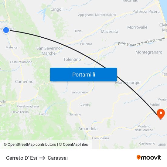 Cerreto D' Esi to Carassai map